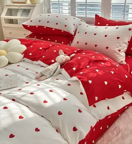 Heart Duvet Cover Twin Size Reversible Red White Love Hearts Bedding Set Kids Girls Cute Romantic Hearts Quilt Cover Soft Microfiber Comforter Cover with Zipper Closure and 1 Pillowcase