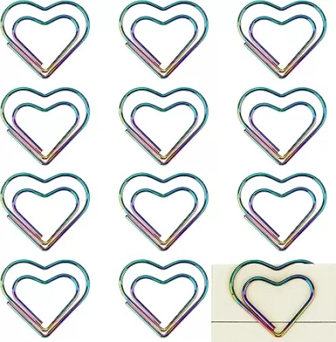 Heart Shaped Paper Clips, Metal Paper Clips, Interesting Paper Clips, Colored Heart-Shaped Bookmarks for Organizing Paper, Documents, and Notes (Colorful 12 Pcs)