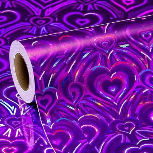 Homeral Purple Holographic Wrapping Paper Roll - Iridescent Shiny Heart Pattern for Birthday, Mothers Day, Wedding, Bridal Shower, Fathers Day - 17 inch x 32.8 ft