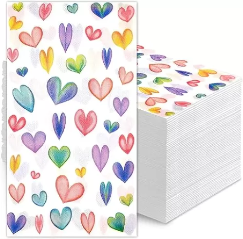 Hotop 200 Pcs Colorful Heart Guest Napkins Disposable Hand Towels Paper Decorative Bathroom Napkins for Wedding Spring Summer Mother's Day Tea Party Bridal Baby Shower Birthday Supplies(Watercolor)