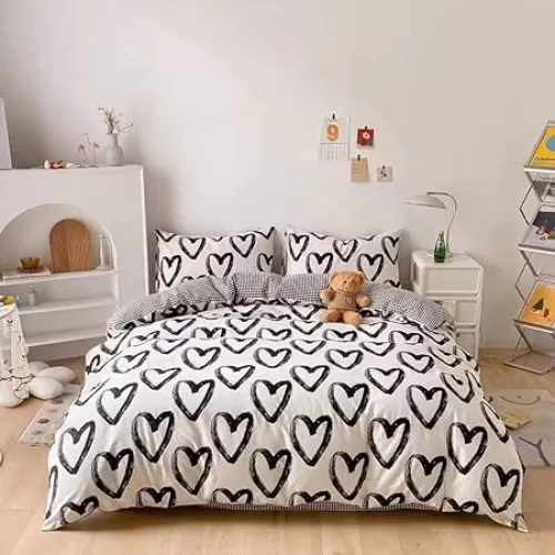 Houseri Black and White Comforter Set Full Love Bedding Sets for Teenage Girls Kawaii Full Size Dorm Bed Set Heart Shaped Cute Quilt Blankets Full