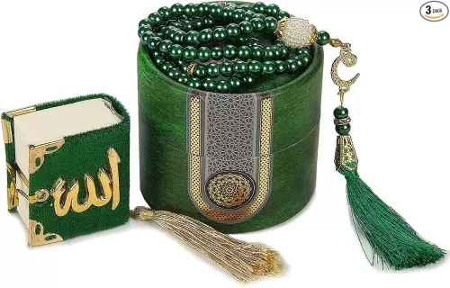 ihvan online Islamic Prayer Cylinder Gift Box with Elegant Velvet Covered Mini Quran & Prayer Beads Tesbih, Ramadan & Eid Gift, Green