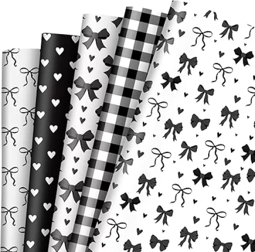 JarThenaAMCS 10 Sheet Black Bow Wrapping Paper -Not Roll- Plaid Heart Bow Gift Wrap Paper Folded Flat Craft Paper for DIY Crafts Party Supplies, 19.7 x 27.6 Inch