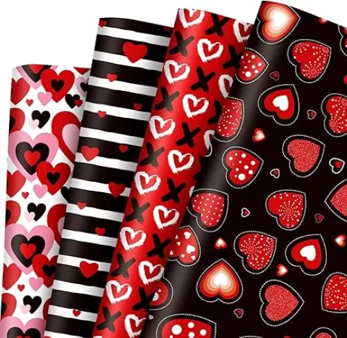 JarThenaAMCS 12 Sheet Valentine’s Day Wrapping Paper Love Heart XOXO Gift Wrap Paper Folded Flat Red Black DIY Craft Art Paper for Birthday Wedding Party Supplies, 19.7 x 27.6 Inch