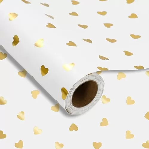 JarThenaAMCS Foil Heart Wrapping Paper -Mini Roll- 17 Inch x 32.8Ft Golden Heart Gift Wrap Art Paper for Valentine