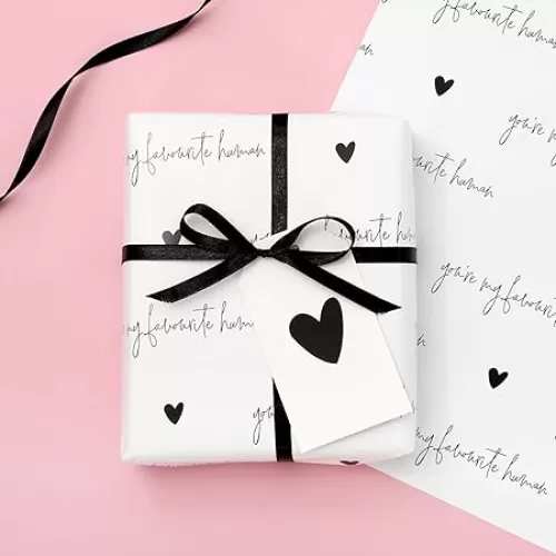 JarThenaAMCS Valentine's Day Wrapping Paper with Ribbon Tag -Not Roll-39.4 x 27.6 Inch Black Heart You're My Favorite Human Gift Wrap Art Paper for Bridal Baby Shower Birthday DIY Craft, 6 Sheet