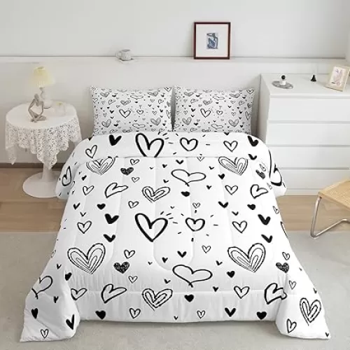 jejeloiu Love Bedding Set Kids Black White Sweetheart Comforter Set Sweetheart Romantic Comforter Room Decorations Love Heart Duvet Set Full Size with 2 Pillow Cases
