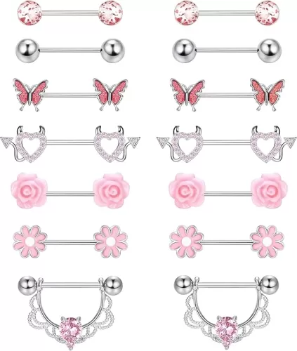 JeryWe 7 Pairs 14G Nipple Rings for Women 316L Stainless Steel Heart Butterfly CZ Flower Barbell Nipple Rings Set Cute Nipplerings Piercing Jewelry