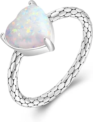 JIANGYUE Opal Ring Heart Promise Rings for Her with Snake Pattern White Fire Opal Rings for Women Ring Size 6-10