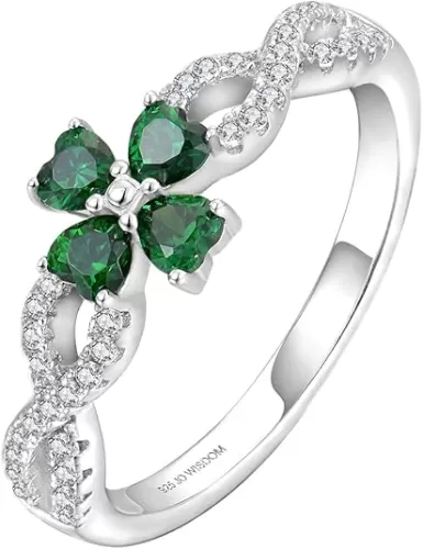 JO WISDOM Women Infinity Ring, 925 Sterling Silver Cubic Zirconia Lucky Four Leaf Green Heart CZ Flower Shamrock Clover Ring