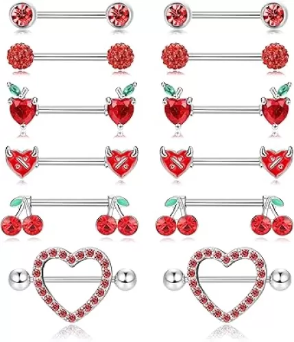 JOERICA 6 Pairs 14G Nipple Rings for Women 316L Stainless Steel Heart Butterfly Moon CZ Flower Barbell Nipple Rings Set Cute Nipplerings Piercing Jewelry
