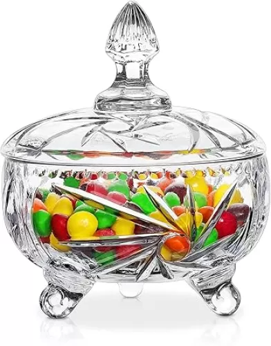 Joeyan 11 oz Glass Storage Jar with Lid, Embossed Decorative Candy Dish, Clear Apothecary Container Covered Cookie Jar, Jewelry Box for Wedding Party Buffet, Dishwasher Safe