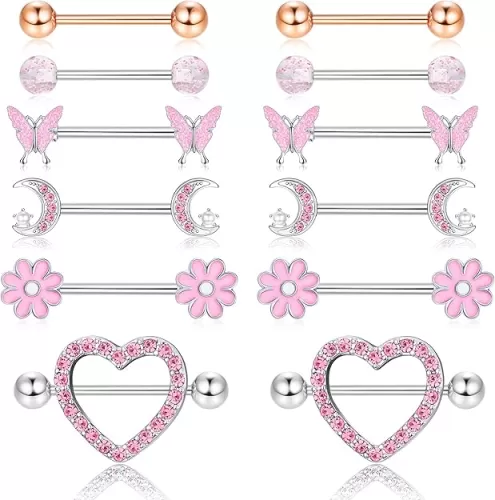 Kakonia 6 Pairs 14G Nipple Rings for Women 316L Stainless Steel Heart Butterfly Moon CZ Flower Barbell Nipple Rings Set Cute Nipplerings Piercing Jewelry