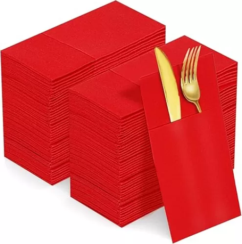 KAMMAK Red Napkins Disposable Dinner Paper Napkins with Pocket 100 Pack Cloth Like Folded Wedding Reception Napkins Guest Hand Towels for Party Decoration, Bathroom, Kitchen, Hotel (16.5 x 16.5 inch)