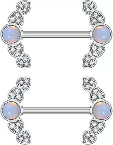 Kokoma 14G CZ Heart Nipple Rings Rhinestone Opal Simple Moon Nipple Shield Barbell Ring Nipple Barbells Tongue Ring Piercing Nipplerings Dainty Body Piercing Jewelry for Women