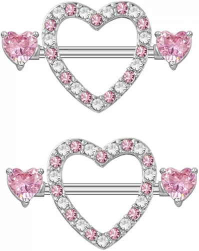 Kokoma 14G Pink Crystal Love Heart Nipple Rings for Women Cubic Zirconia Heart Nipplerings Nipple Piercing Shield Barbell Sexy Body Piercing Jewelry