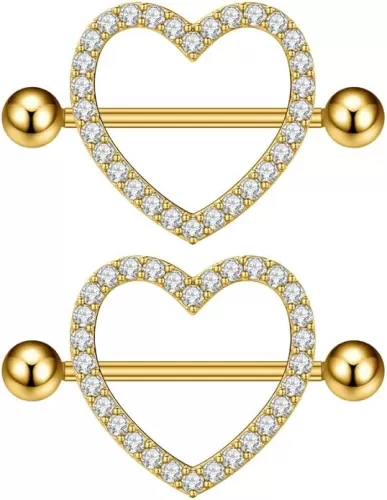 Kokoma 14G Rhinestone Heart Nipple Rings for Women Shiny Cubic Zirconia Hollow Love Heart Nipplerings Barbell Nipple Piercing Nipple Shield Rings Body Piercing Jewelry