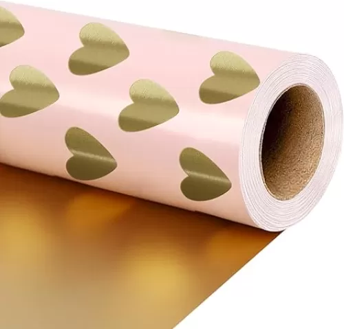 LaRibbons Reversible Wedding Wrapping Paper Roll, 17 Inch × 33 Feet, Gift Wrapping Paper with Gold Heart on Pink Design, Perfect for Mother