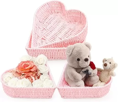 Layhit 4 Pcs Heart Baskets Woven Heart Shaped Bowl Valentine's Day Basket Serving Platters Serving Trays Fruit Vegetables Bread Valentine Table Decorations Gift for Wedding Baby Shower Party(Pink)