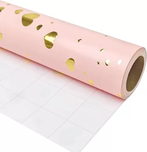 LDGOOAEL Mini Short Wrapping Paper Roll - Reversible Design (17 inches X 32.8 feet) - Gold Foil Hearts on Pink for Valentine