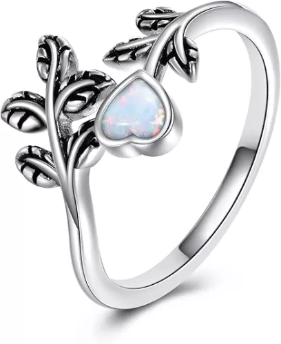 Leaf Ring 925 Sterling Silver Heart White Opal Rings Adjustable Open Ring for Women Size 7
