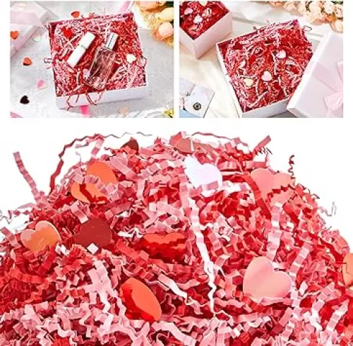 Leitee 1 lb Mother's Day Red and Pink Crinkle Cut Paper with Heart Confetti, Shred Filler Strand Raffia Grass Tissue Crinkle Paper Gift Box Basket Packing Fillers for Gift Wrapping Wedding Party