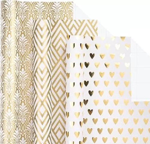 LeZakaa Gold Wrapping Paper Roll - Mini Roll - Geometric Patterns/Floral/Heart for Wedding, Bridal Shower, Birthday - 17 x 120 inches - 3 Rolls (42.5 sq.ft.ttl.)