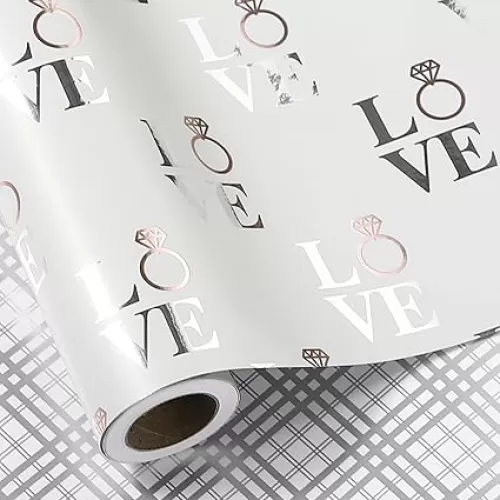 LeZakaa Reversible Wedding Wrapping Paper Roll, Love with Ring & Plaid Design Silver Foil for Mother
