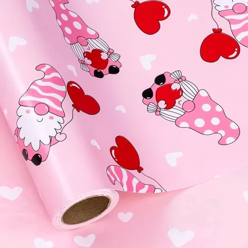 LeZakaa Valentine's Gnome Wrapping Paper Roll - Reversible Gnome & Heart Design for Valentine's Day, Wedding, Bridal Shower, Anniversary for Women, Girlfriend, Wife, Lover - 17 inches x 32.8 Feet