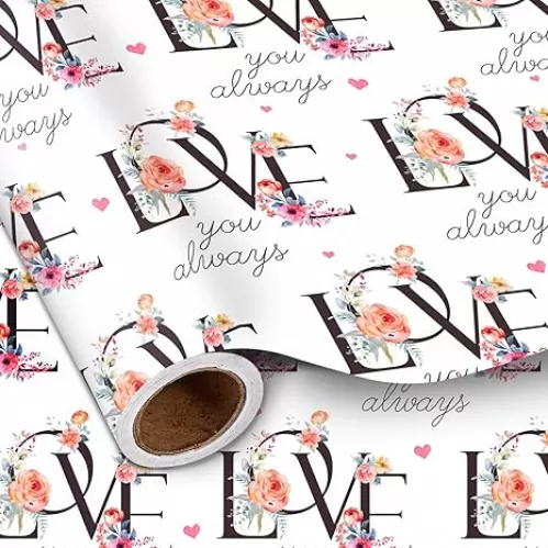 LeZakaa Wedding LOVE Wrapping Paper Roll, Flower, Heart Pattern, Love You Always Gift Wrap for Wedding Bridal Shower Engagement Anniversary Valentines, Pink, Mini Roll, 17 In x 16.4 Ft