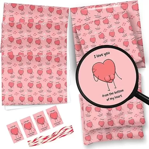 LimaLima 4 x Wrapping Paper Sheets With Tags & String. Funny I Love You Heart Design Pink Perfect For Valentine Birthday Mother
