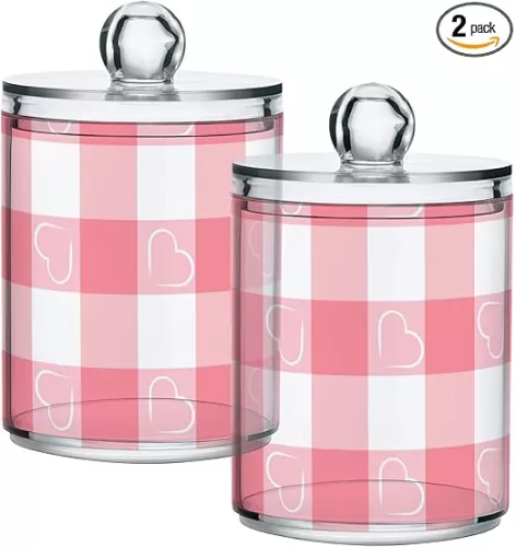 Loincloth Plaid Tone and Heart Shape 2 Pcs Qtip Holder Organizer Dispenser Storage Canister Plastic Apothecary Jars Bathroom Vanity for Cotton Swab Ball Pads Floss