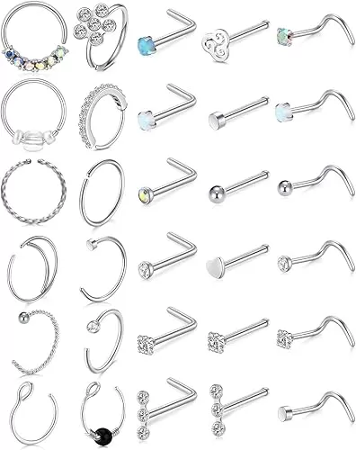 Longita 20g Nose Rings Hoop L Shape Nose Studs Stainless Steel Nose Screw Bone Flat Top Diamond Opal Heart High Nostril Piercing Jewelry Silver Rose Gold Black Pack for Women Men