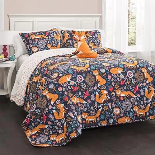 Lush Decor Pixie Fox Reversible Quilt Set, 3 Piece Set, Twin, Navy & Orange - Twin Bedding Sets For Girls - Whimsical Quilt For Kids & Toddlers -Floral & Heart Print - Woodland Bedroom Decor