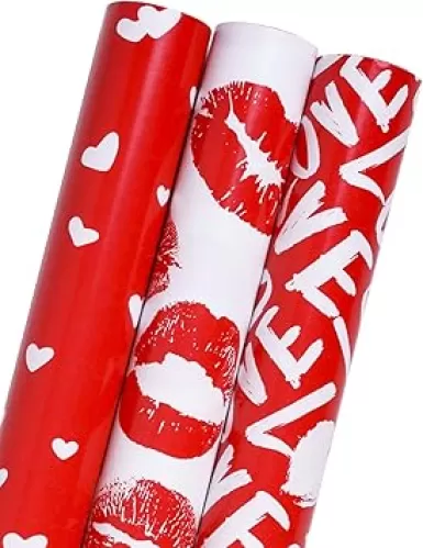 MAYPLUSS Valentines Day Wrapping Paper Roll - Mini Roll - 17in x 120in Per roll - Red Lip Heart Love Lettering Design (42.3 sqft for Wedding, Anniversy and Birthday