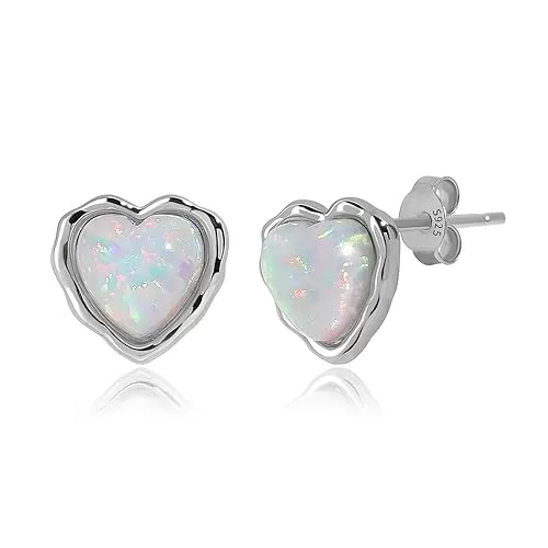 Meissa Heart Shape Opal Earrings Gold Plated Stud Earrings for Women Birthstone Earrings Rose Gold Stud Earrings Cute Opal Studs, Silver