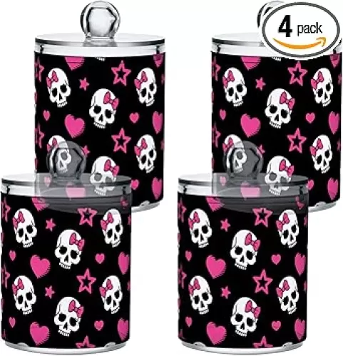 MNSRUU 4 Pack Qtip Holder Organizer Dispenser Pink Hearts and Skulls Bathroom Containers Bathroom Vanity Storage Canister Apothecary Jars for Cotton Swabs/Pads/Floss
