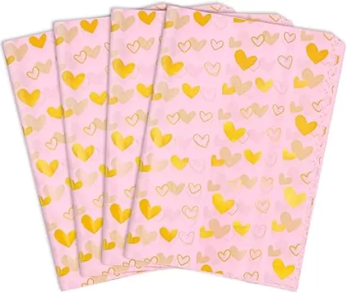 MR FIVE 100 Sheets Pink with Gold Heart Tissue Paper Bulk, 20" x 14", Pink Gold Heart Design Tissue Paper for Gift Bags, Birthday, Valentine's Day, Mother's Day, Weddings (Pink with Gold)