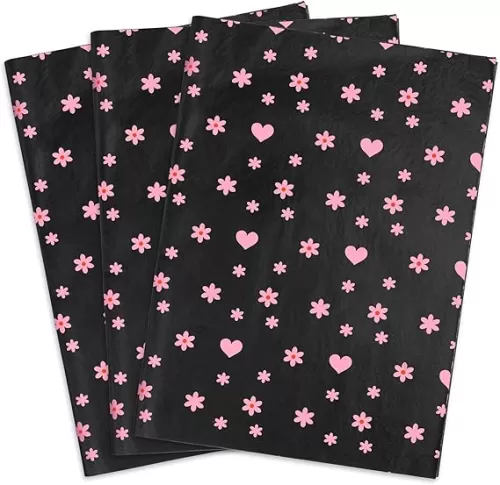 MR FIVE 60 Sheets Black with Pink Heart Tissue Paper Bulk, 20" x 14", Black Pink Tissue Paper for Gift Bags, Black Flower Tissue Paper for Birthday, Weddings, Holiday