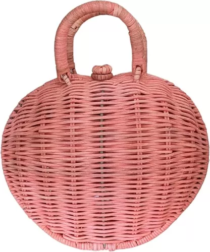 Natural Pink Heart-Shaped Rattan Basket Bag, Valentines Day gift Basket Bag for Kids, Children, Toy Storage, Play, Eco-Friendly Materials, Montessori