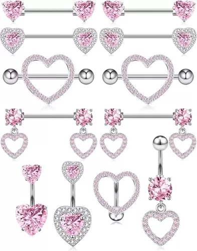 Nipple Ring and Belly Button Ring Set 14G Stainless Steel Sparkly Pink CZ Heart Bar Barbell Nipple Belly Piercing Body Jewelry
