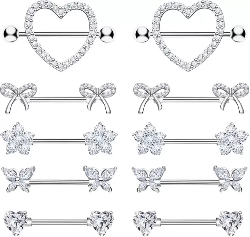Nipple Rings - Surgical Stainless Steel Gold Silver Pink Blue Purple CZ Heart Butterfly Flower Bow Jewelry - 14 Gauge Nipple Bars and Barbells