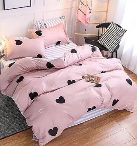 Omelas Blush Pink Heart-Shaped Queen Duvet Cover Set Black and Dusty Rose Full Bedding Comforter Cover Reversible Blue White Striped Soft Microfiber Quilt Cover for Kids Girls Teens Women