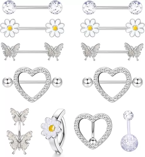 ORAZIO 14G Nipple Rings for Women Surgical Steel Belly Button Ring Butterfly Daisy Flower Nipple Barbells CZ Heart Curved Navel Rings 12 PCS Nipple Piercings Jewelry Set