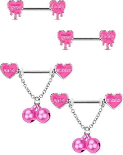 OUFER 4PCS Pink Heart Nipple Rings, Surgical Steel Dangle Barbells