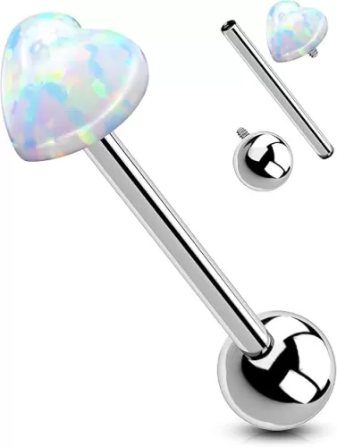 OUFER Titanium Tongue Rings - Heart Piercing Jewelry with White Opal
