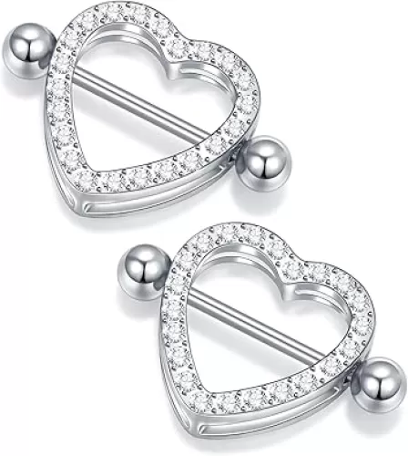 Oveta Heart Nipple Rings Surgical Steel 14G, Cute Internally Threaded Nipple Piercing Jewelry Barbells 14mm for Women, Silver, 2PCS