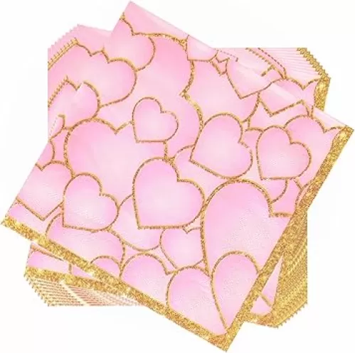 Paper Napkins 100 Pack 2 Ply Heart Printed Beverage Luncheon Dinner Disposable Napkins for Wedding Anniversary Celebrations, 6.5X6.5 Inches Folded