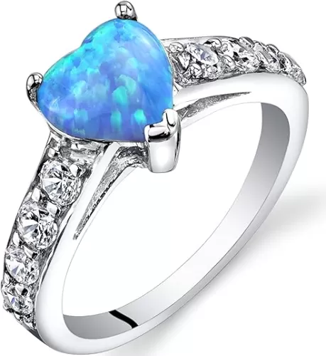 PEORA Created Blue Opal Heart Promise Ring for Women 925 Sterling Silver, 1 Carat Heart Shape 7mm, Comfort Fit, Sizes 5 to 9
