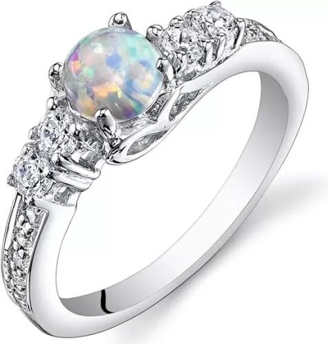 PEORA Created White Fire Opal Ring 925 Sterling Silver, Sweetheart Solitaire, Round Shape Cabochon, Comfort Fit, Sizes 5 to 9